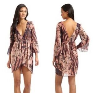 Alice + Olivia Conry Bell-Sleeve Dress Silk Chiffon Pink/Brown Gossip Girl SZ XS